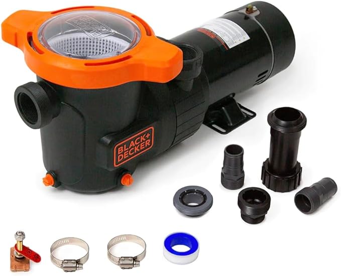 BLACK+DECKER Pool Pump, Energy Efficient Single Speed Pool Pump for Above Ground Pools with Filter Basket, 1HP