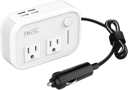 200W Car Power Inverter, FOVAL 12V DC to 110V AC Car Inverte with 4 USB Ports Car Outlet Adapter, Power Inverter for Vehicles, Car Plug Adapter Outlet for Laptop Computer Charger (White)