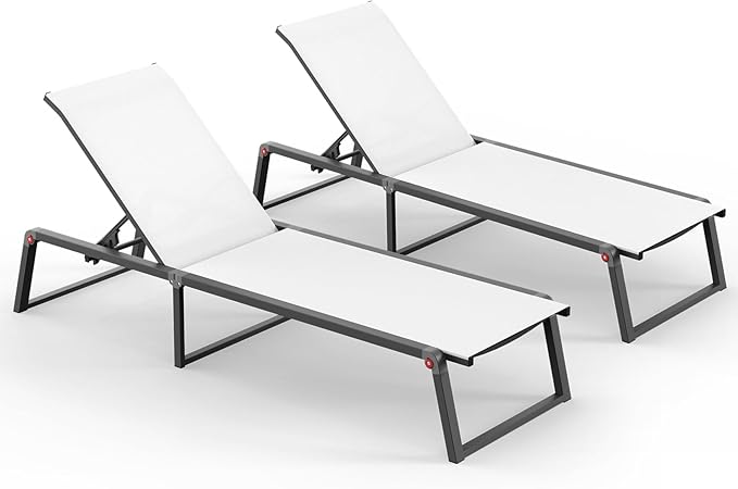 Aluminum Chaise Lounge Outdoor Set of 2, Foldable & Assembly Free Patio Pool Lounge Chairs 5-Position Recliner for Outside Poolside, Fully Grounded Legs Sun Lounger for Beach, Yard, White