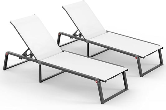 Aluminum Chaise Lounge Outdoor Set of 2, Foldable & Assembly Free Patio Pool Lounge Chairs 5-Position Recliner for Outside Poolside, Fully Grounded Legs Sun Lounger for Beach, Yard, White