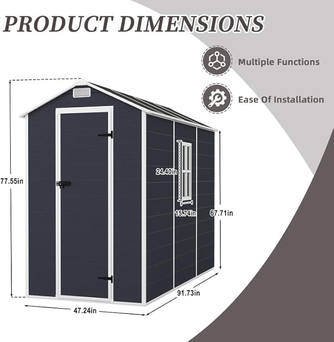 4x8 FT Resin Outdoor Storage Shed with Floor and Window, Outside Waterproof Plastic Garden Sheds w/Lockable Door & Vents, All-Weather Tool House for Patio, Backyard, Lawn, Dark Gray