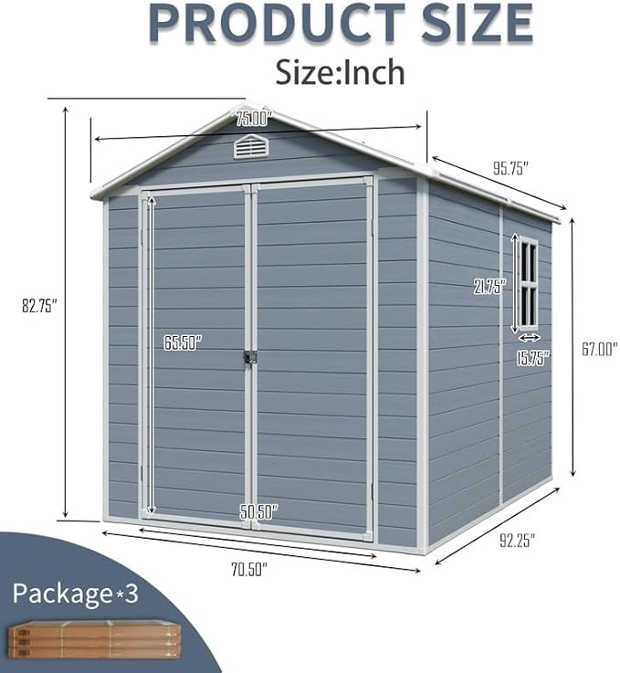 8 x 6 FT Outdoor Storage Shed with Window, Outside Garden Resin Sheds w/Floor and Lockable Doors, Waterproof Plastic Tool House for Backyard, Garden, Patio, Lawn, Bike Accessories, Grey