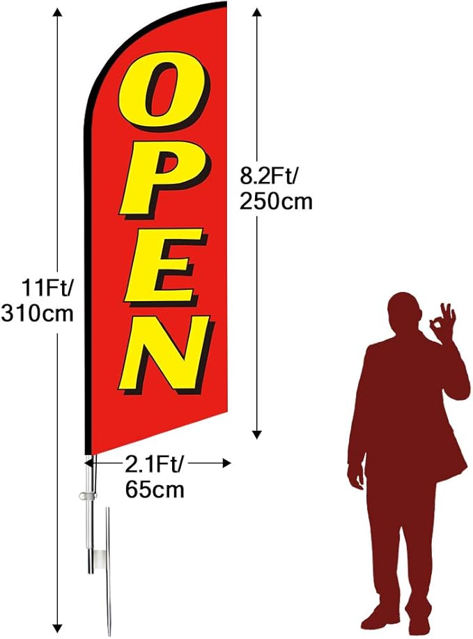 Open Flags for Business, 11FT Windless Flag With Aluminum Alloy Flagpole Kit, Stainless Steel Ground Stake, Portable Bag, Swooper Banner for Commercial Flags