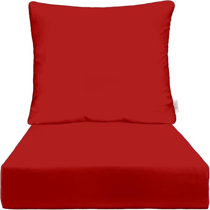 RSH DECOR: Deep Seating Cushion with Pillow Back | 24” x 27” Seat | All-Weather Spun Fabric | Water and Fade-Resistant | Outdoor Chair Cushion Set for Patio Furniture | Red