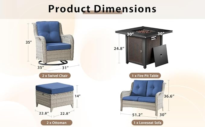 6 Pieces Patio Furniture Set with Fire Pit Table, Wicker Rattan Outdoor Furniture Set with Loveseat and Swivel Chairs for Yard, Deck, Garden, Light Beige Wicker/Light Blue Cushion