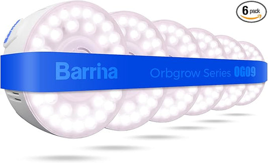 Barrina Orbgrow OG09 Puck LED Grow Light, Pinkish White 54W(6 x 9W, 810 Watt Equiv), Plant Lights for Indoor Plants Full Spectrum, Magnetic & Linkable, Small Grow lamp for Plant Shelf, 6 Packs