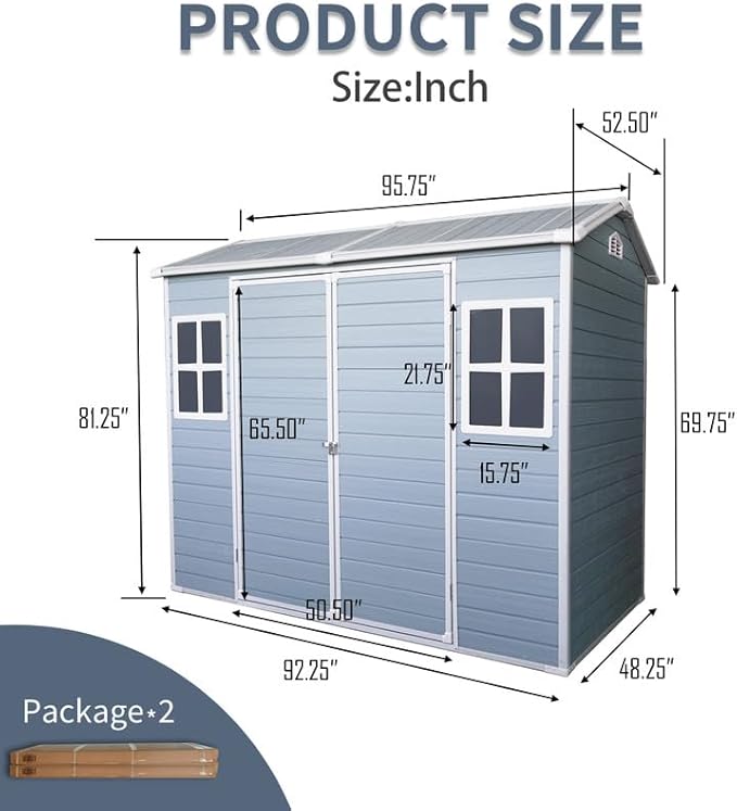 8x4 FT Resin Outdoor Storage Shed with Floor and 2 Windows, Outside Plastic Sheds Storage Clearance w/Lockable Door, Backyard Garden Tool House for Patio, Yard, Lawn, Bike, Gray