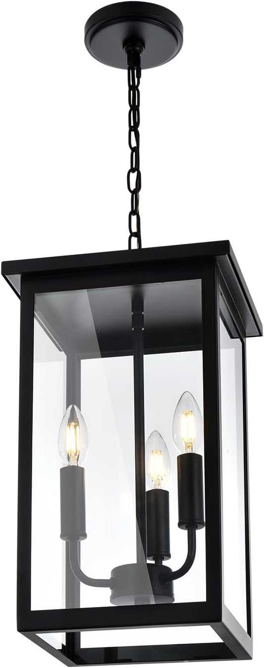 3 Lights Indoor Pendant Light Black Outdoor Chandelier Exterior Hanging Fixture Ceiling Mount with Clear Glass Shade Hanging Lantern Light Adjustable Pendant Light for Outdoor Hallway