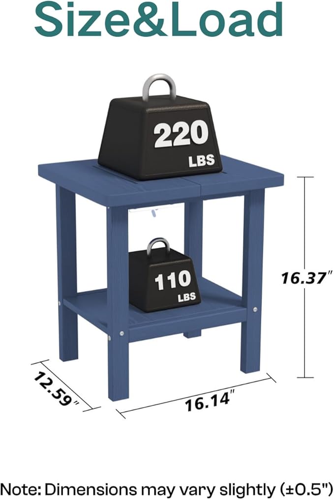 Kingdura Adirondack Outdoor Side Table, 16 x 13 Inches HDPE Plastic Outside End Tables for Patio Pool Porch Backyard Indoor, 2 Tiers Storage Shelf, All Weather Resistant, Easy Maintenance (Navy Blue)