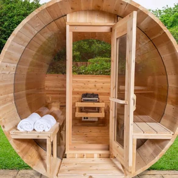 Smartmak Customized Outdoor Barrel Steam Sauna, 2-10 Person Canadian Hemlock/Red Cedar Traditional Wood Sauna Room with 220V ETL-Certified Heater, Backrest Headrest, Rocks, Light Accessories Included