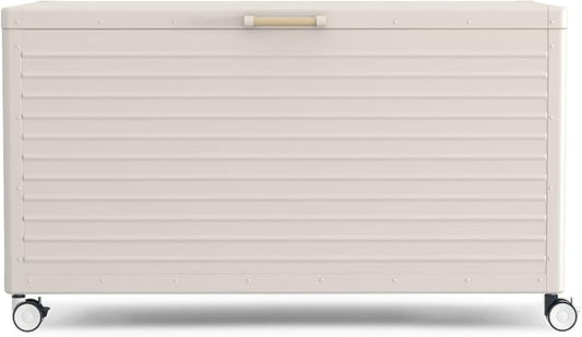 MIRADOR 134 Gallon Outdoor Storage Box Waterproof with Wheels, Metal Deck Box for Patio Furniture, Garden Tools, Outdoor Cushion, Latte