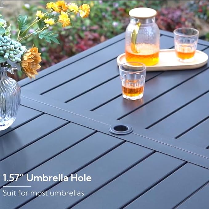7 Piece Patio Dining Set for 6, Rectangular Metal Dining Table with Umbrella Hole and 6 Chairs, Outdoor Table and Chairs Set for Lawn Backyard and Deck, Blue
