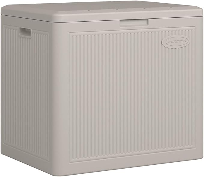Suncast 22-Gal. Waterproof Resin Small Outdoor Patio Deck Box with Reeded Design, Modern Outdoor Patio Bench/Storage Box for Cushions, Garden Tools, and More, French Gray