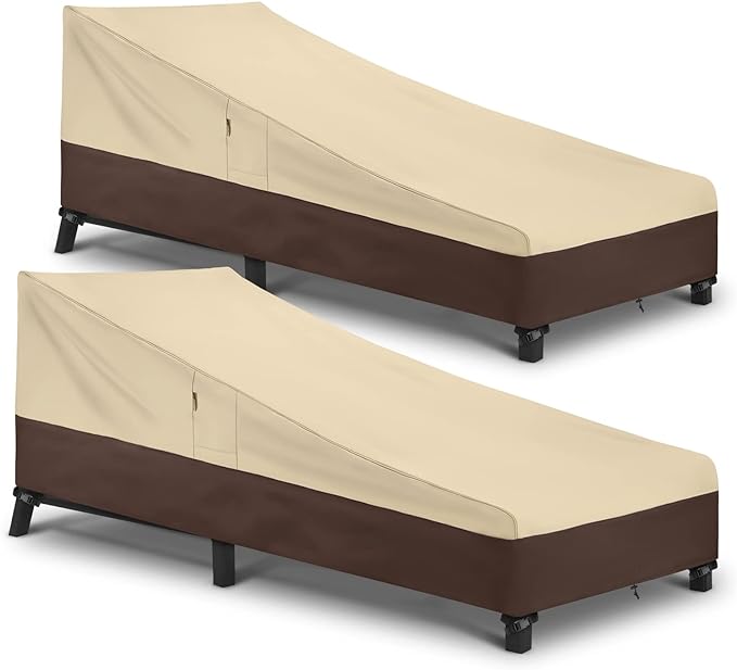 Arcedo Waterproof Outside Lounge Chair Covers 2 Pack, Heavy Duty Patio Chaise Lounge Covers for Outdoor Furniture, Protect Your Pool Chairs in Winter, 80" L x 32" W x 25" H, Beige and Brown