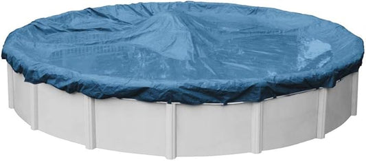 Robelle 28 ft Heavy Duty Blue Winter Pool Cover for Above Ground Pools, 4 ft Overlap (32 ft Cover Size), Solid 8 x 8 Scrim, 2.36 oz/yd2, 10-Year Warranty, Style: 3528-4
