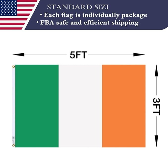 Double Sided Ireland Flag 3x5 Made in USA Outdoor Heavy Duty 3 Ply Polyester Irish Flag with White Starting Tape and 2 Brass Grommets