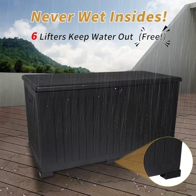 LANTRO JS 320 Gallon Deck Box Waterproof, Resin Outdoor Storage Box Extra Large Lockable with Divider and Lifter Prevent Water Seeping into from Floor for Patio Cushions