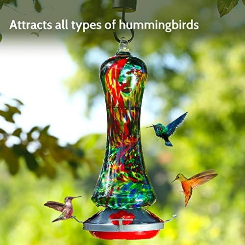 Glass Hummingbird Feeder for Outdoors: Leak Proof Hanging Hummingbirds Present for Women - Ant Moat & Hang Hook Included, Metal Base with 4 Feeding Ports & Perch, 20 Fluid Oz, Best Garden Decor