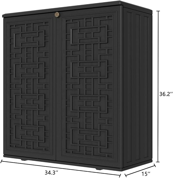 KINYING Outdoor Storage Cabinet Waterproof, Resin 60 Gallon Deck Box for Patio Furniture Cushions, Garden Tools, Pool Tools and Kids’ Toys (Black with 1 Shelving)