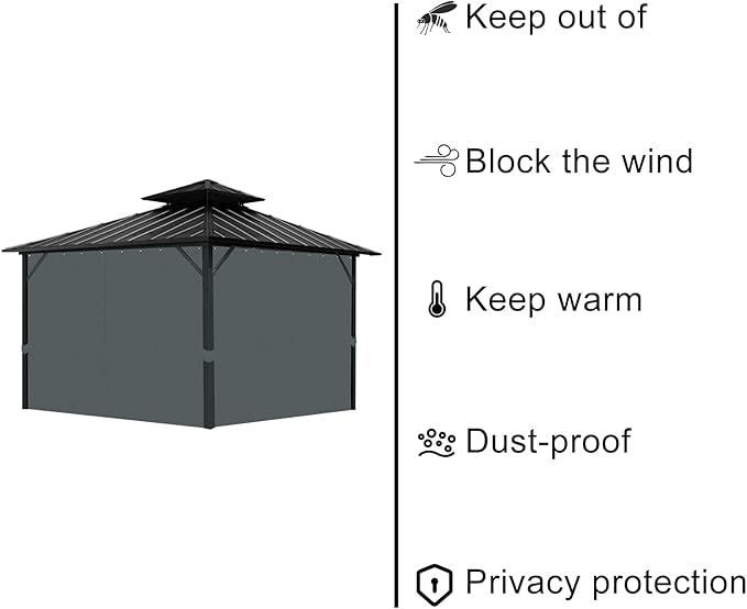 Gazebo Universal Replacement Privacy Curtain, 12'X12' Gazebo Curtains Outdoor Waterproof, 4-Panels Sidewall with Zipper for Patio, Garden and Backyard (Only Curtains, 12'X12', Grey)