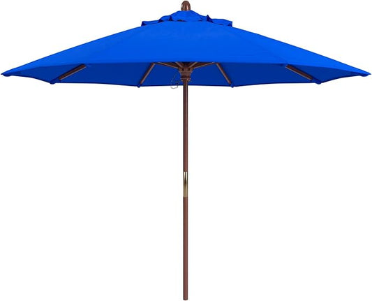 California Umbrella 9' Premium Commercial Hardwood Patio Umbrella, Manual Lift With Sunbrella Pacific Blue Fabric