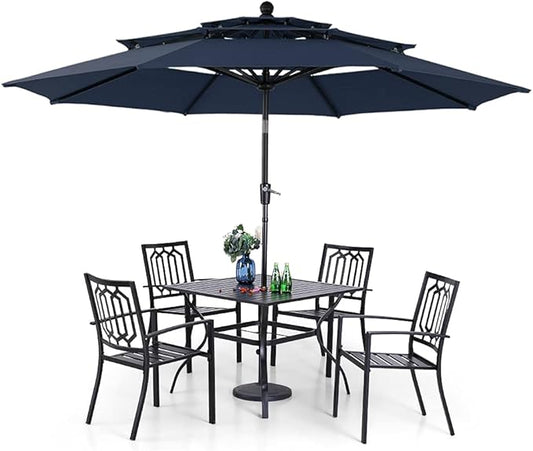 PHI VILLA Patio Dining Set 5 pcs with Umbrella(Navy Blue),1 Square Metal Table& 4 Metal Outdoor Stackable Chairs and 1 10ft 3 Tier Auto-tilt Umbrella (Base Not Included)
