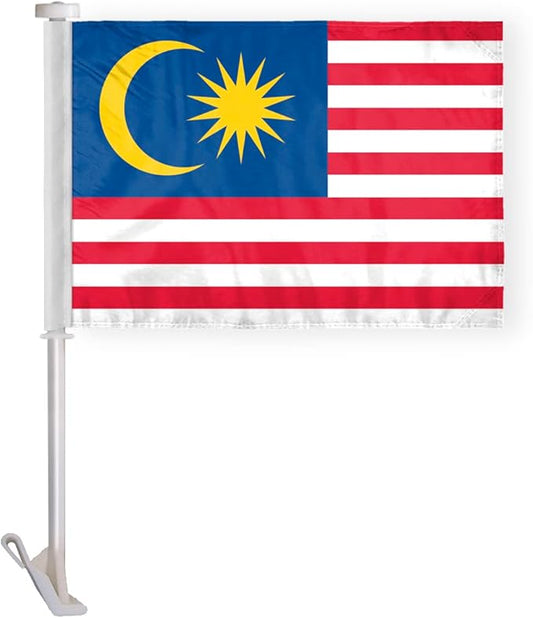 AGAS Malaysia Car Flag Premium 10.5x15 inch Printed Double Sided on Super Knit Polyester Fabric Double Stitched 19 Inch White Plastic Unbreakable Stiff Pole High Visibility Malaysian National Car Flag