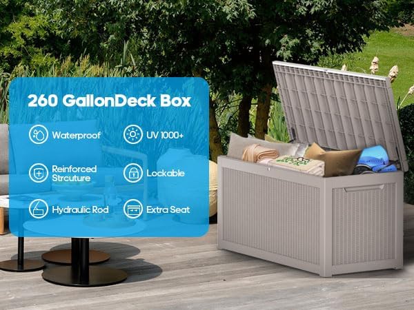268 Gallon Outdoor Storage Box - Waterproof Patio Furniture, Garden Tools, Cushions, Pool Accessories Outside Storage Resin Box,Grey