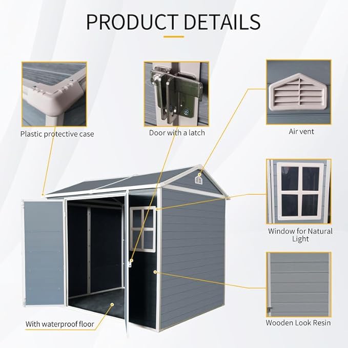 8x6 FT Resin Outdoor Storage Shed with Floor and 2 Windows, Outside Plastic Sheds Storage Clearance w/Lockable Door, Backyard Garden Tool House for Patio, Yard, Lawn, Bike, Gray