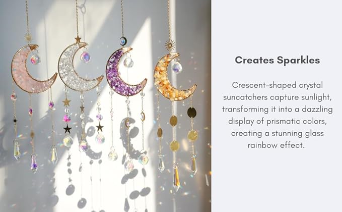 Moon Suncatcher Hanging Decor, Boho Chic Green Aventurine Crystal Sun Catcher, Spritual Sun Light Catcher for Windows, Crescent Moon Housewarming Gift (Aventurine)