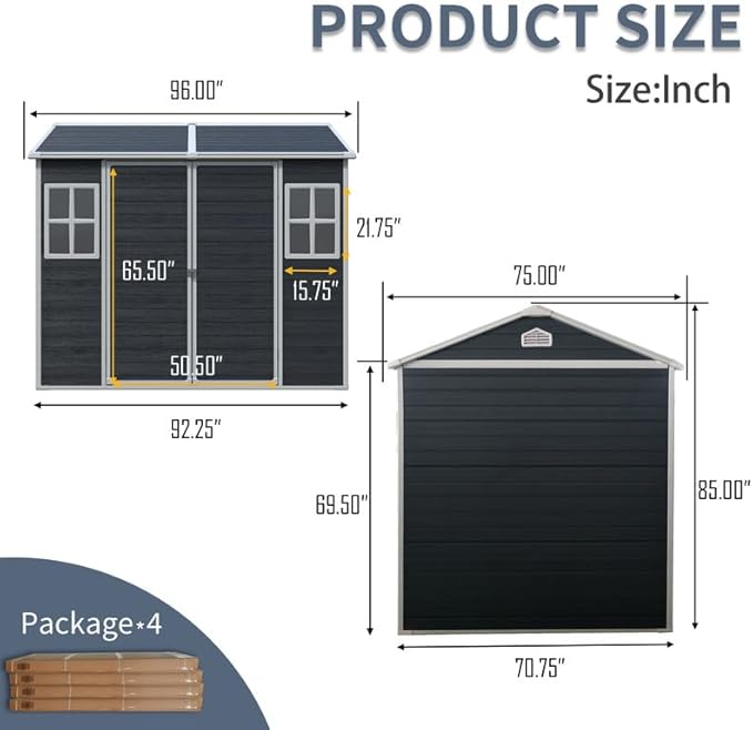 8x6 FT Resin Outdoor Storage Shed with Floor and 2 Windows, Outside Plastic Sheds Storage Clearance w/Lockable Door, Backyard Garden Tool House for Patio, Yard, Lawn, Bike, Black