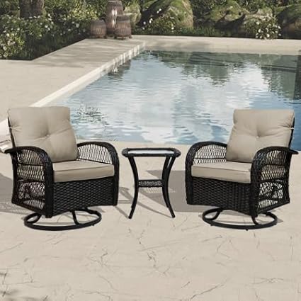 Patio Furniture Set Swivel Rocker, Outdoor Patio Chairs, 3 Piece Suit Porch Furniture Rocking Set, Backyard and Garden Rocker Rattan Chair, with Thickened Cushions and Glass Coffee Table(Brown)