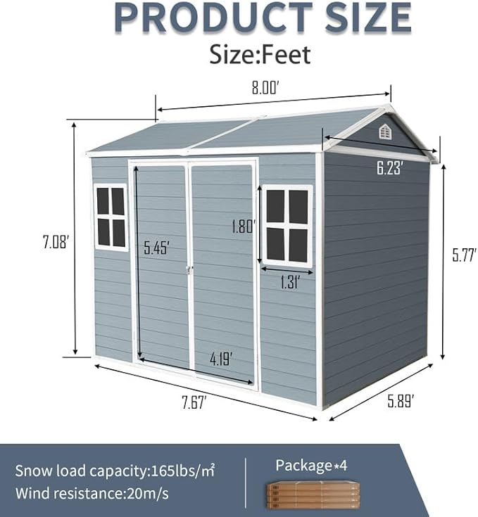 8x6 FT Resin Outdoor Storage Shed with Floor and 2 Windows, Outside Plastic Sheds Storage Clearance w/Lockable Door, Backyard Garden Tool House for Patio, Yard, Lawn, Bike, Gray