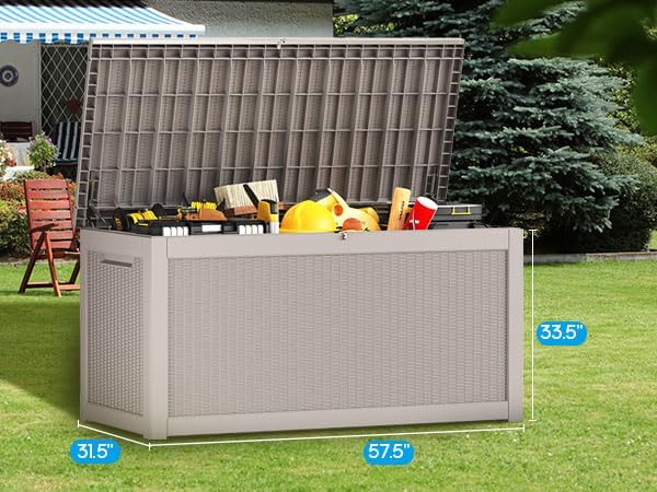 Vixzen 320 Gallon Resin Deck Box, Lockable Outdoor Storage Box for Patio Cushions Storage Furniture,Garden Tools, Pool Supplies, Weatherproof and UV Resistant- Grey
