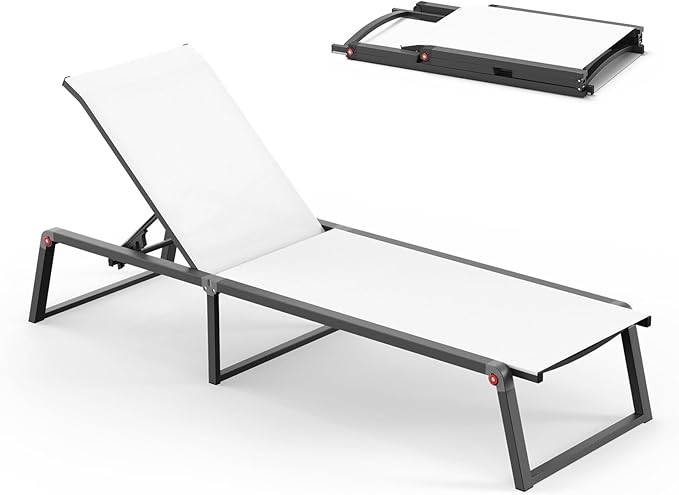 Aluminum Chaise Lounge Chair Outdoor, Foldable & Assembly Free Patio Pool Lounge Chairs 5-Position Recliner for Outside Poolside, Fully Grounded Legs Sun Lounger for Beach, Yard, White