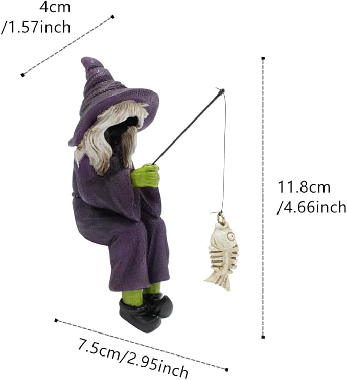 Fishing Witch Statue Funny Halloween Decorations, 4.7 Inch Sitting Witch Figurine Shelf Sitter Resin Sculpture for Outdoor Garden Yard Lawn Pond Waterfalls Pool Ornaments