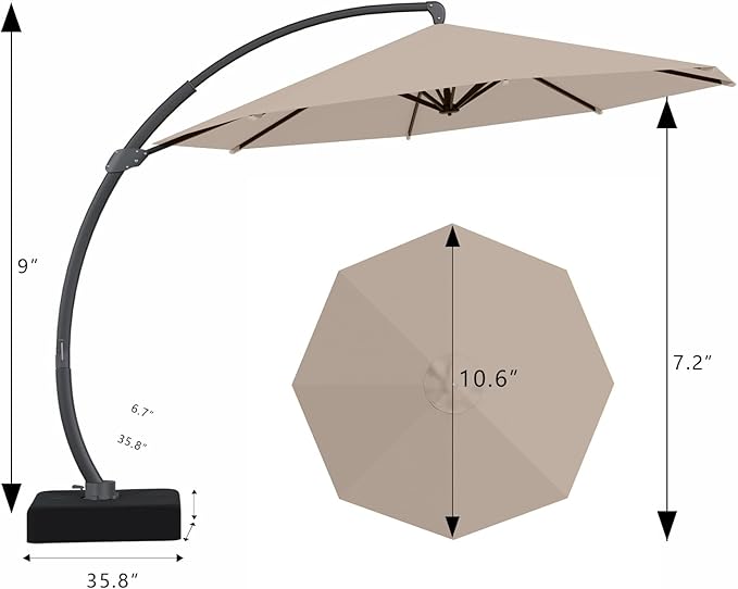 7-Piece Patio Dining Set with 11 FT Curvy Cantilever Umbrella, HDPE Tabletop & Aluminum Frame All-Weather Outdoor Furniture for Garden, Backyard, Poolside, Gray