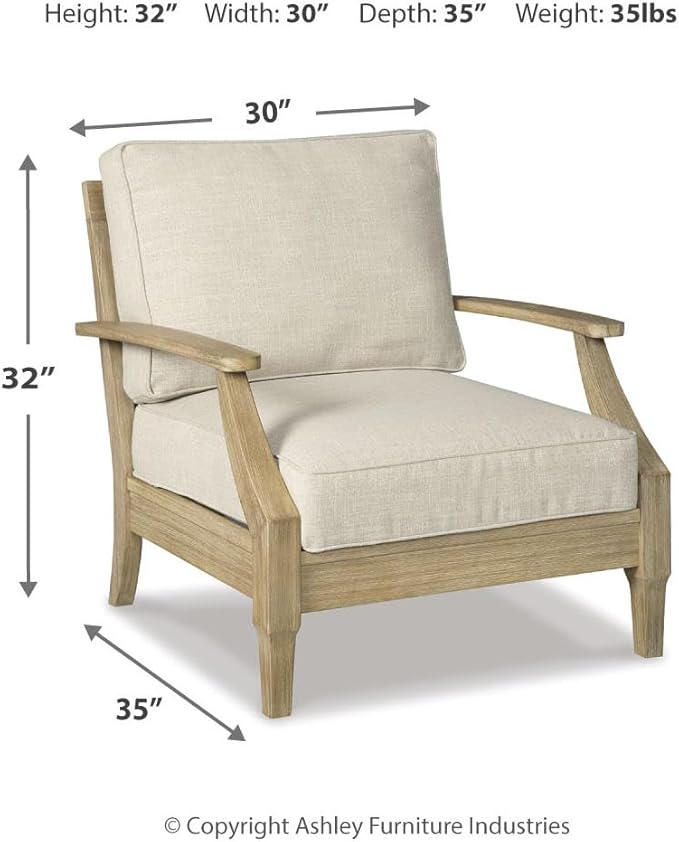 Signature Design by Ashley Clare View Outdoor Eucalyptus Wood Lounge Chair – Cushioned with Nuvella Fabric, 5-Step Protective Finish , Beige