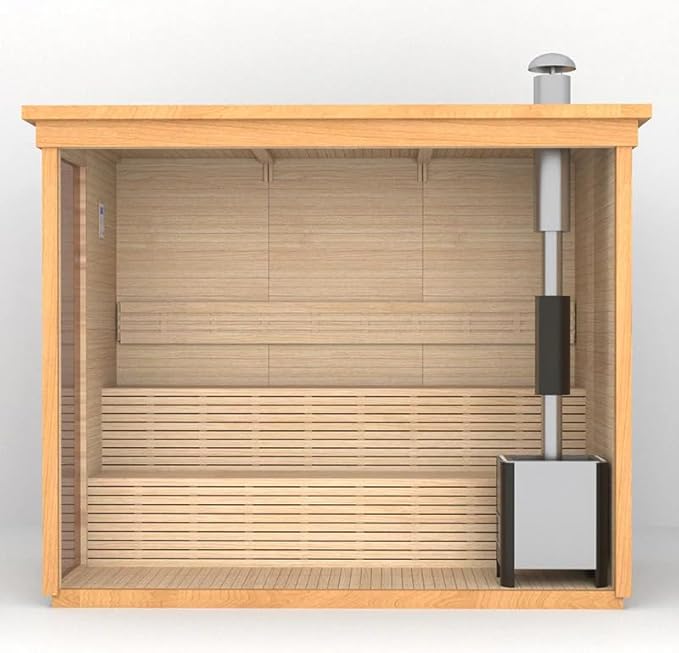 Customize Wood Burning Sauna 3-8 Person, Outdoor Red Cedar Steam Saunas, ETL Harvia Heater, Glass Wall Saunas, 220V, Rectangle Sauna Room with Backrest Headrest, Waterproofing System(0-195℉)