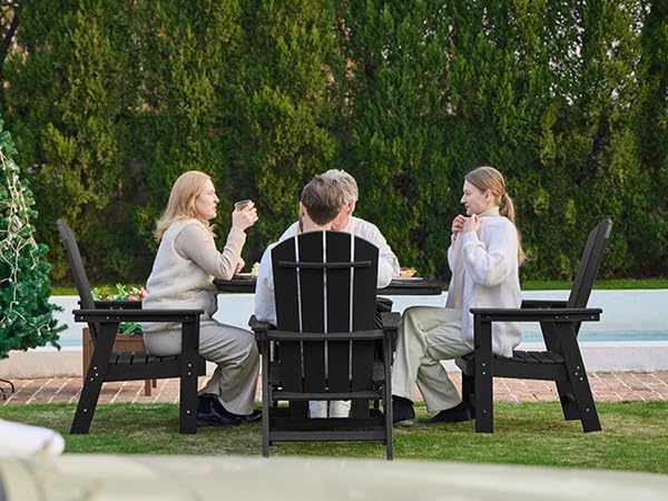 SERWALL 5 Piece Outdoor Dining Set, HDPE Dining Furniture Set with Umbrella Hole, 4 Adirondack Dining Chairs and 45" Round Dining Table, Black