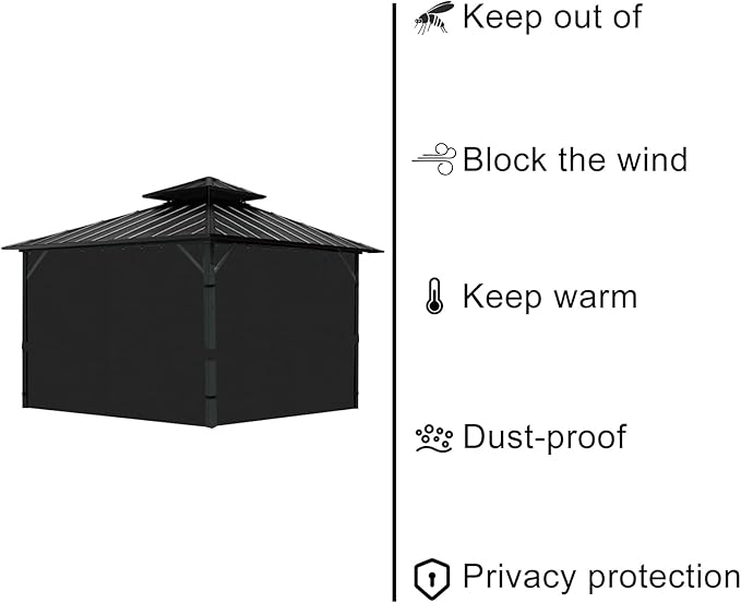 Gazebo Universal Replacement Privacy Curtain, 10'X10' Gazebo Curtains Outdoor Waterproof, 4-Panels Sidewall with Zipper for Patio, Garden and Backyard (Only Curtains, 10'X10', Black)
