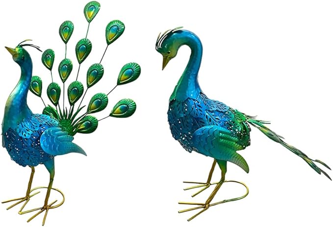 2 Pack Beautiful Peacock Outdoor Garden Statue Ornament Realistic Metal Peacock Lawn Yard Patio Decorations Art Sculpture Outside Decor Gift for Women Grandma Birthday,16" 20" Tall Blue Peacock