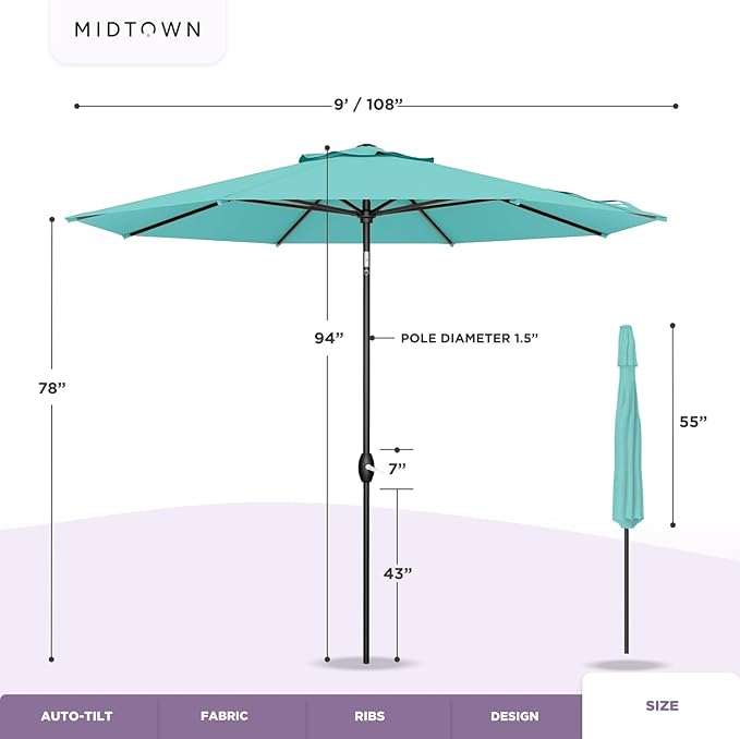 Midtown Umbrellas Sunbrella Umbrella 9 Feet Outdoor Umbrella With Forest Green Acrylic Fabric - Auto-Tilt Aluminum Frame Patio Umbrella For Backyard, Deck, Garden, Pool - Black Pole