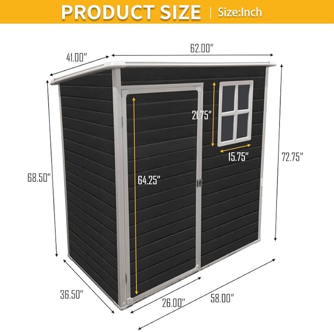 5x3 FT Resin Outdoor Storage Shed with Floor, Waterproof Heavy-Duty Plastic Garden Sheds w/Window and Lockable Door, Outside Tool Shed for Backyard, Patio, Lawn, Bike, Toys, Black