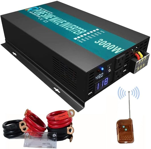 WZRELB 3000W 48V 120V Pure Sine Wave Power Inverter Remote Control with 2 AC Outlets,Car Inverter (RBPRC-300048)