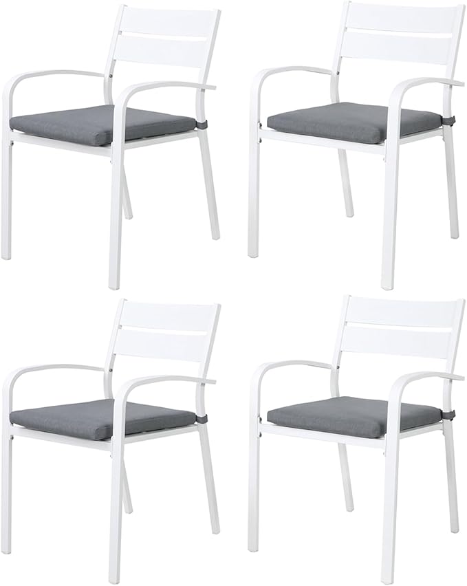 Soleil Jardin Outdoor Aluminum 4-Piece Patio Dining Chairs with Cushions, Stackable Bistro Chairs for Balcony, Garden, Backyard, White Finish & Grey Cushion
