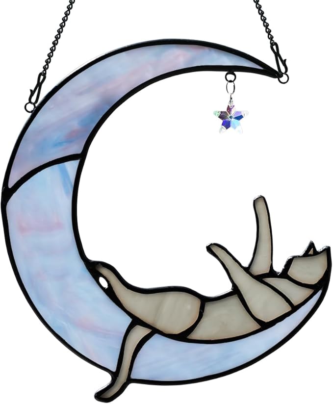 Colorful Crystal Star Grey Cat Decor,Stained Glass Suncatcher for Window Hanging,Birthday Gifts for Cat Lovers Suncatcher Indoor Window, for Women