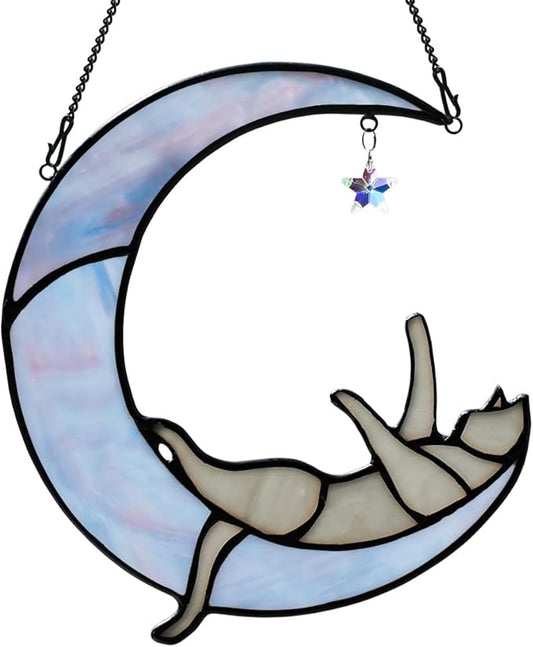 Colorful Crystal Star Grey Cat Decor,Stained Glass Suncatcher for Window Hanging,Birthday Gifts for Cat Lovers Suncatcher Indoor Window, for Women