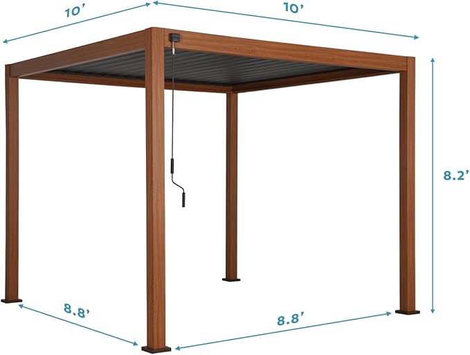 MIRADOR 111S Takasho Louvered Pergola, 10Ft x 10Ft, Full Aluminum Frame, Adjustable Roof for Outdoor Deck Garden PatioDurable, Cherry Oak