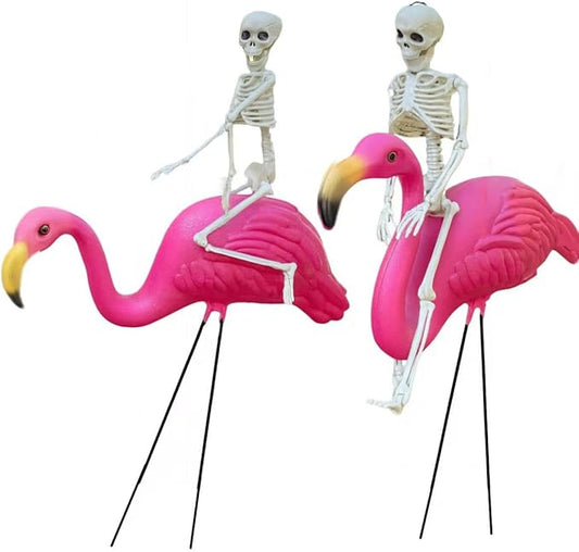 GiftExpress 2-Pack Posable 16" Skeletons + 2-Pack 26" Pink Flamingo Lawn Ornaments Halloween Outdoor Yard Decorations, Spooky Halloween Graveyard
